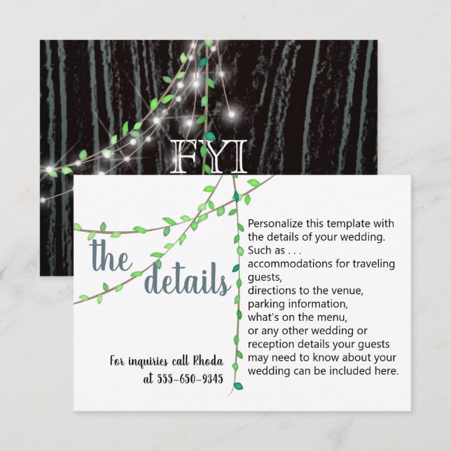 Tarjeta de Detalles de Boda de Vid y Luces Rústica (Anverso / Reverso)