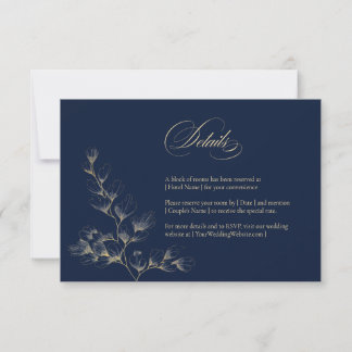 Tarjeta de detalles de boda dorada y azul marino