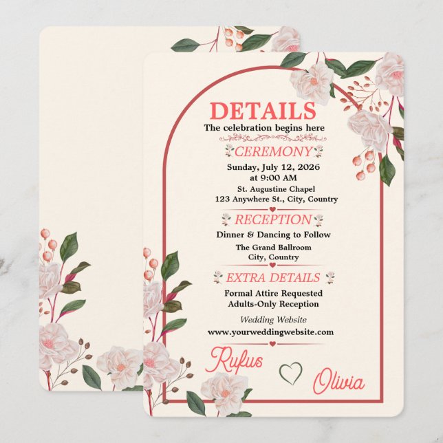 Tarjeta de detalles de boda editable con arco flor (Anverso / Reverso)