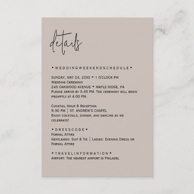 Tarjeta de detalles de boda editable en color (Anverso)