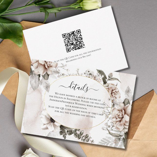 Tarjeta de detalles de boda elegante con florido r (Pink Gray Floral Watercolor Wedding details card)