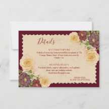 Tarjeta de Detalles de Boda Elegante Vintage Burgu