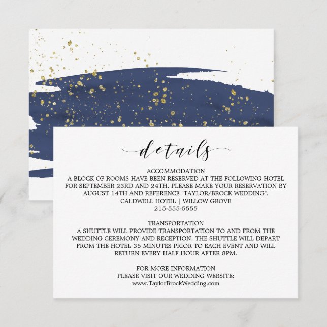 Tarjeta de detalles de boda en acuarela azul marin (Anverso / Reverso)