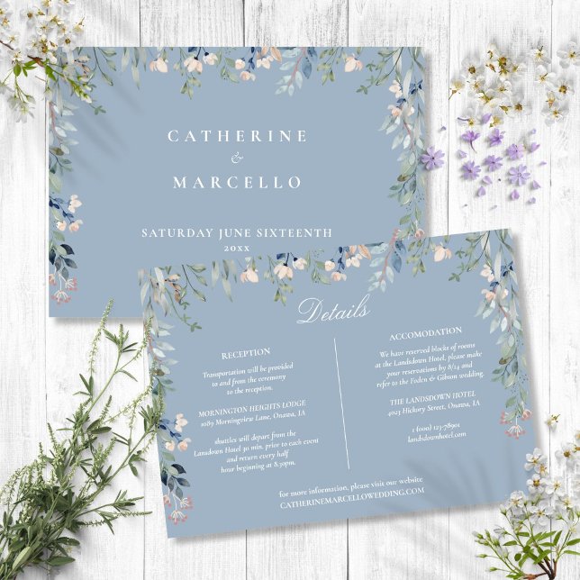 Tarjeta de Detalles de Boda en Cascada Floral Azul (Dusty Blue Floral Cascade Wedding Details Card)