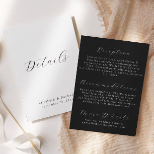 Tarjeta de detalles de boda en guión moderno negro
