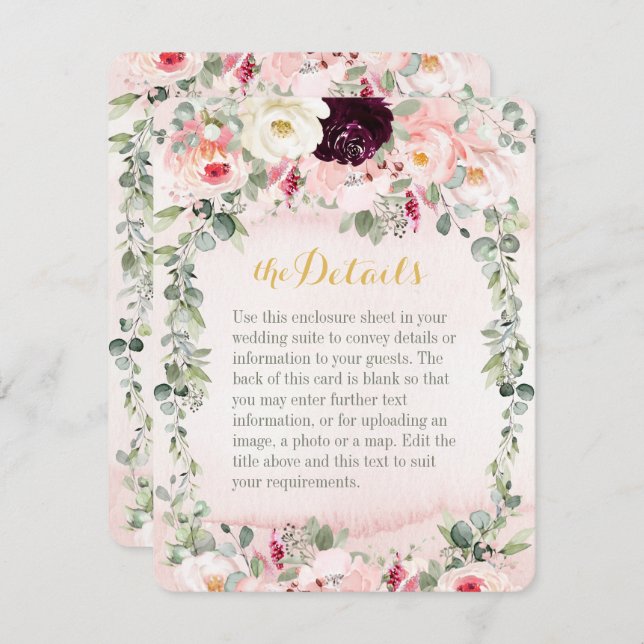 Tarjeta de Detalles de Boda en Jardín Rústico Rosa (Anverso / Reverso)