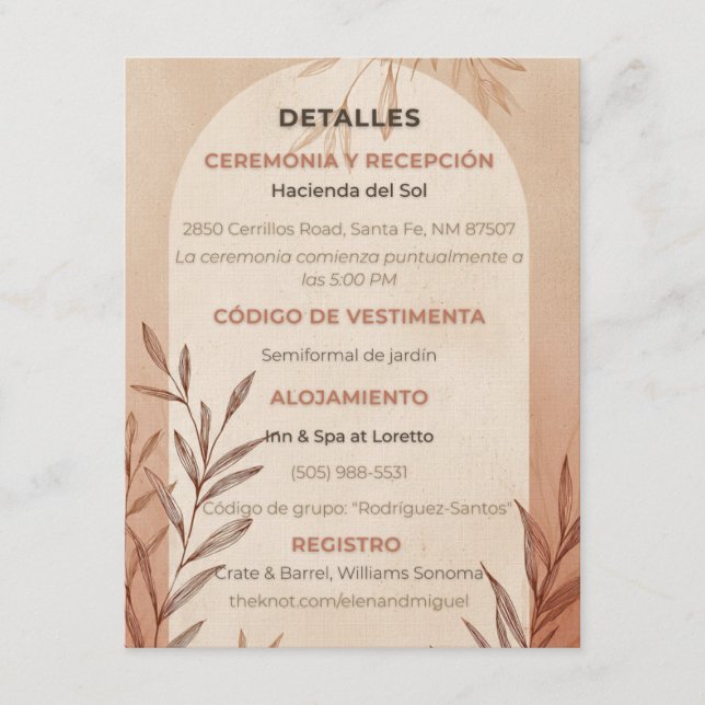 Tarjeta de Detalles de Boda Española Arco de Terra (Anverso)