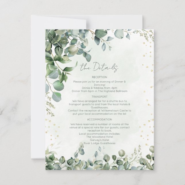 Tarjeta de Detalles de Boda Eucalyptus Verde y Dor (Anverso)