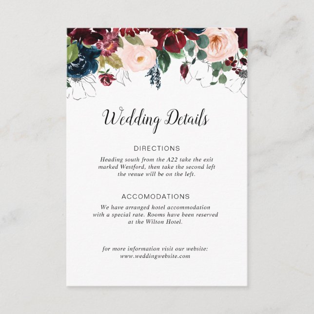 tarjeta de detalles de boda floral azul marino bur (Anverso)
