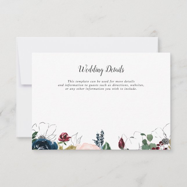 tarjeta de detalles de boda floral azul marino bur (Anverso)