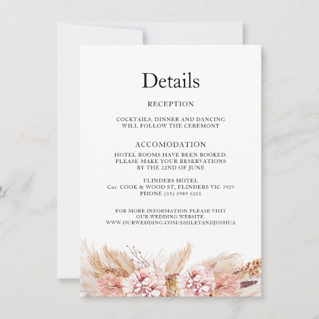 Tarjeta de Detalles de Boda Floral Boho Pampas Ros (Anverso)