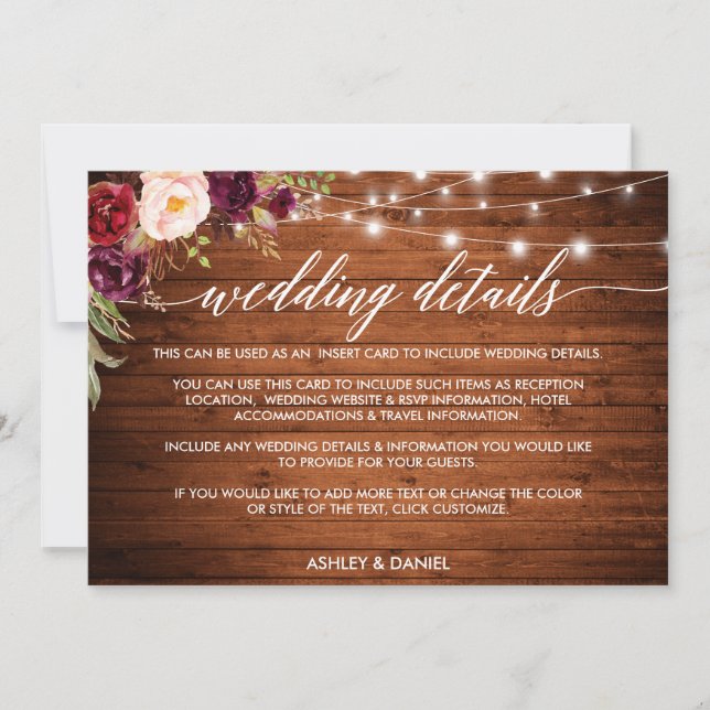 Tarjeta de detalles de Boda floral de alumbrado de (Anverso)