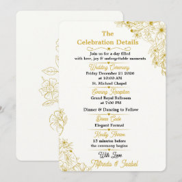 Tarjeta de detalles de boda floral dorada editable