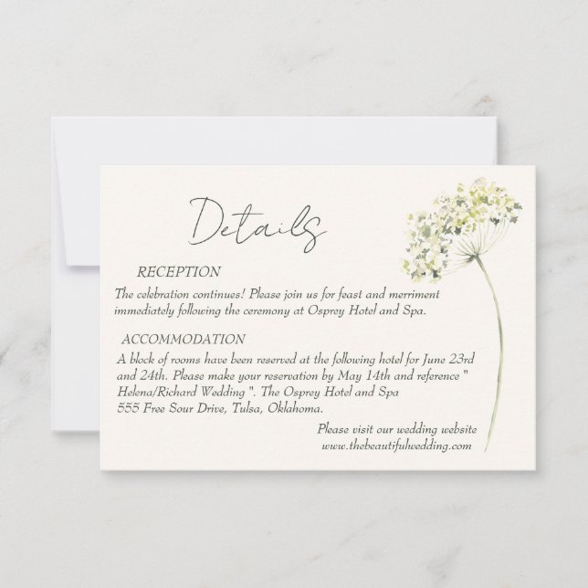 Tarjeta de detalles de boda floral elegante y verd (Anverso)