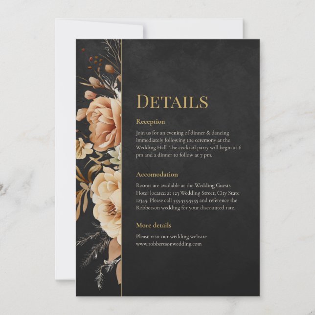 Tarjeta de detalles de boda floral negra de bruja  (Anverso)