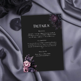 Tarjeta de detalles de boda floral negra gótica