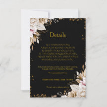 Tarjeta de detalles de boda floral negra y dorada