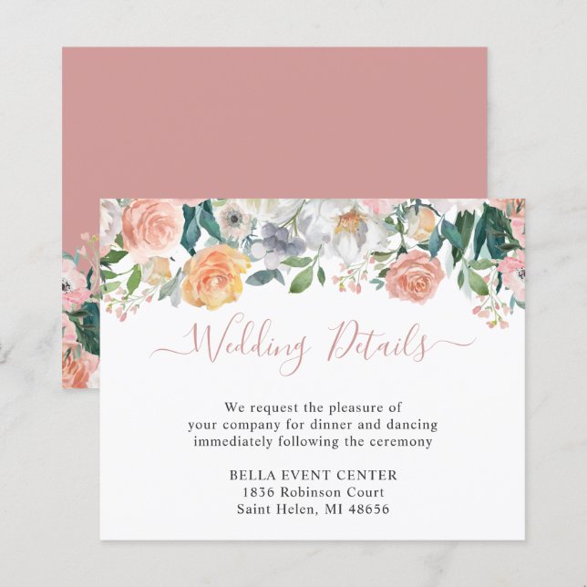 Tarjeta de Detalles de Boda Floral Rosa Polvorient (Anverso / Reverso)