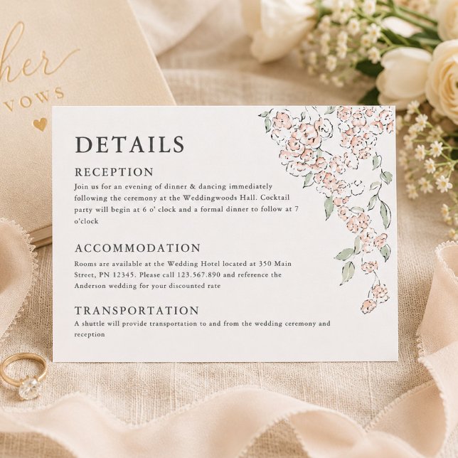 Tarjeta de Detalles de Boda Floral Rosa Simple (Subido por el creador)