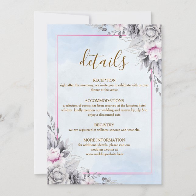 Tarjeta de detalles de boda floral rosado (Anverso)