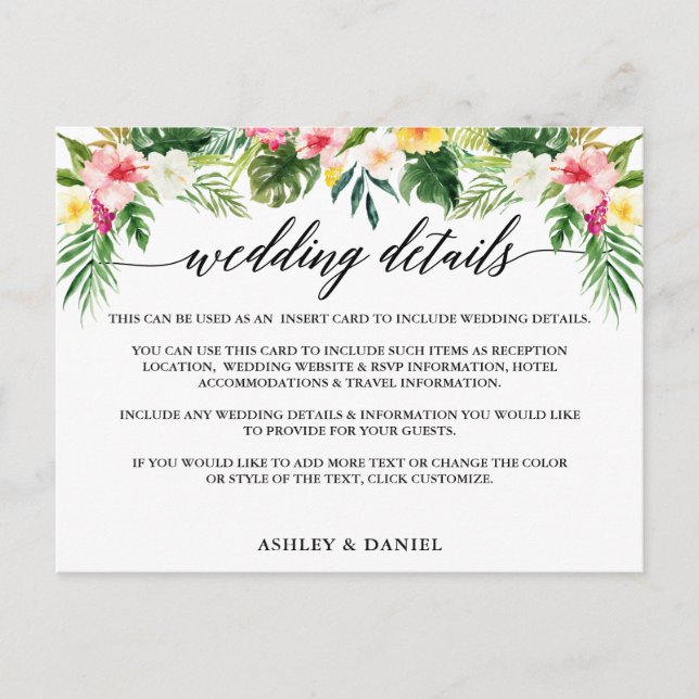 Tarjeta de detalles de Boda floral tropical caligr (Anverso)