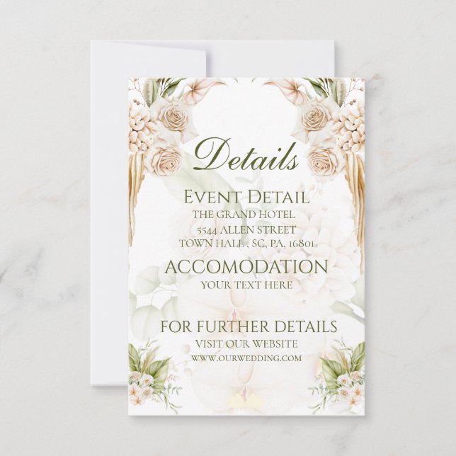 Tarjeta de detalles de Boda floral verde minimalis (Anverso)
