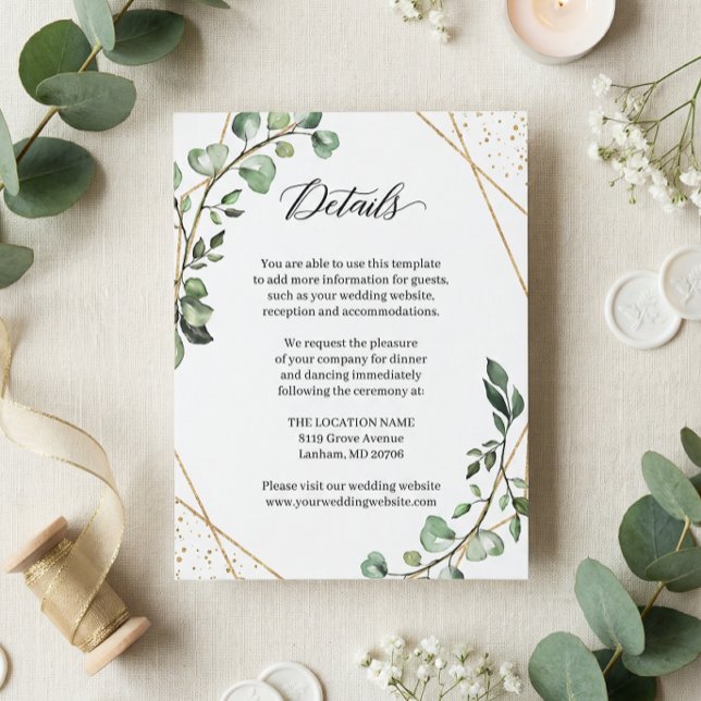 Tarjeta de detalles de boda geométrica de eucalipt (Subido por el creador)