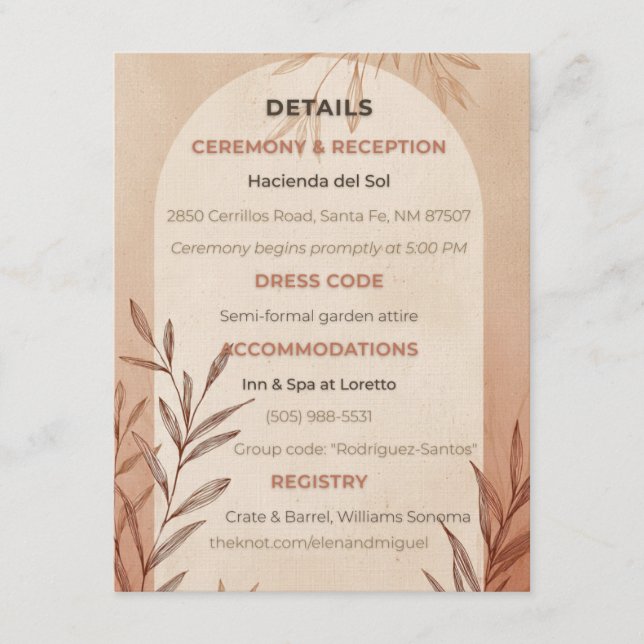 Tarjeta de detalles de boda inglesa con arco de te (Anverso)