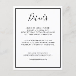 Tarjeta de detalles de boda minimalista en negro y