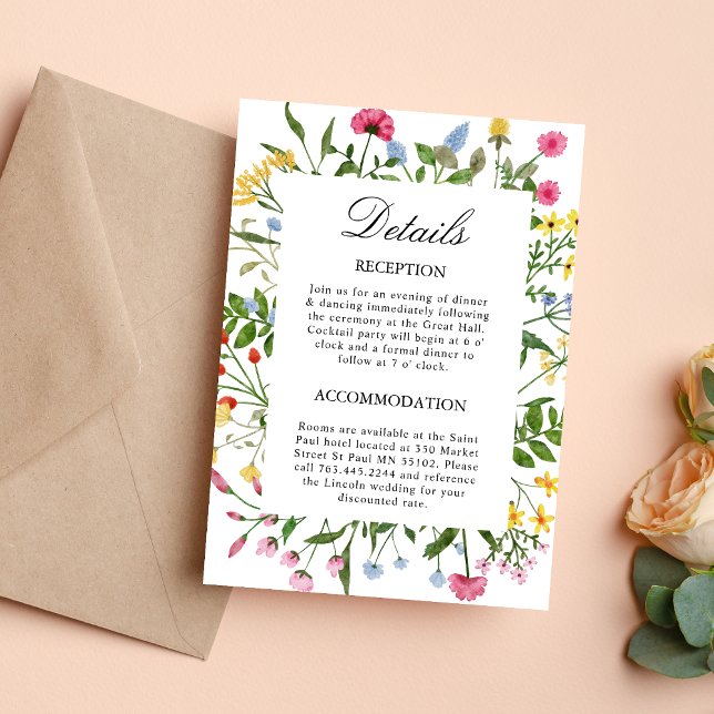 Tarjeta de Detalles de Boda Modern Wildflowers (Modern wildflowers details enclosure card clearly shares info while adding fresh charm)