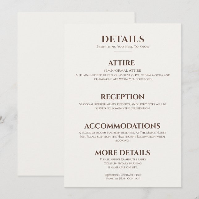 Tarjeta de detalles de boda moderna elegante Mocha (Anverso / Reverso)