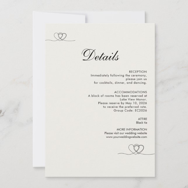 Tarjeta de Detalles de Boda Moderna y Elegante de  (Anverso)