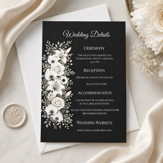 Tarjeta de Detalles de Boda Monocroma de Lujo (Luxury monochrome wedding collection details card. Mockup created using AI technology)