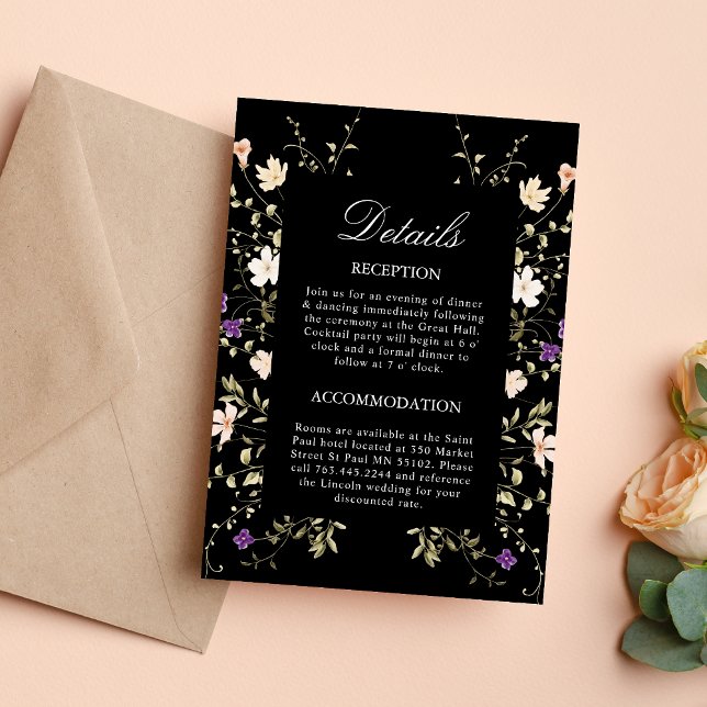 Tarjeta de Detalles de Boda Negra con Flores Silve (Wildflowers black wedding details enclosure card shares key info with elegant style)