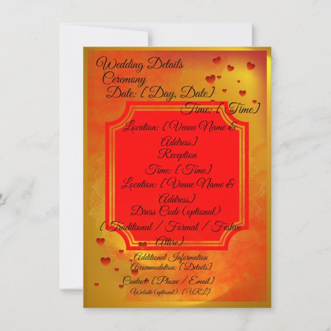 Tarjeta de Detalles de Boda Roja y Amarilla | Trad (Anverso)