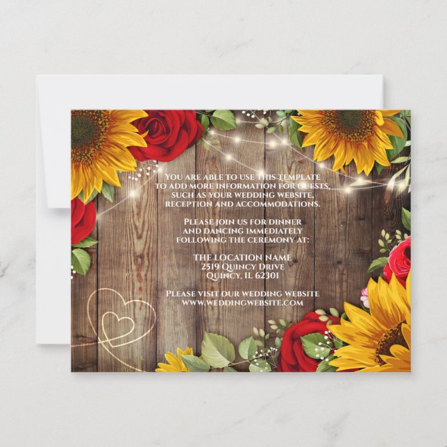 Tarjeta de detalles de boda rústica de girasoles y (Anverso)