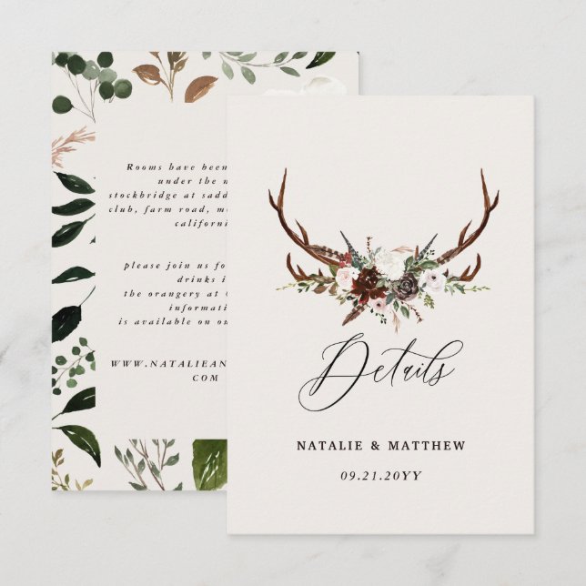 Tarjeta de Detalles de Boda Rústica en el Bosque c (Anverso / Reverso)