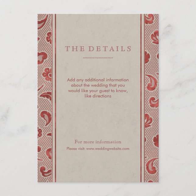 Tarjeta de detalles de boda rústica Kraft red Lace (Anverso)