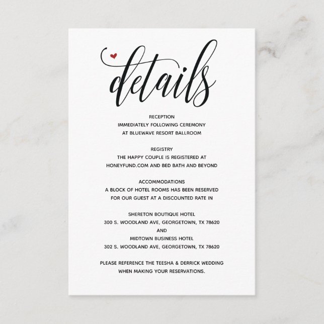 Tarjeta de detalles de boda rústica moderna v1 (Anverso)