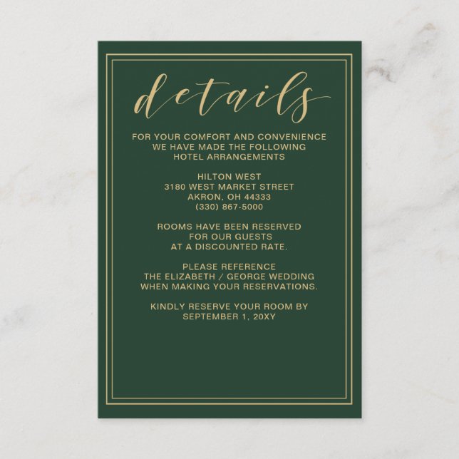 Tarjeta de detalles de Boda verde y dorado (Anverso)