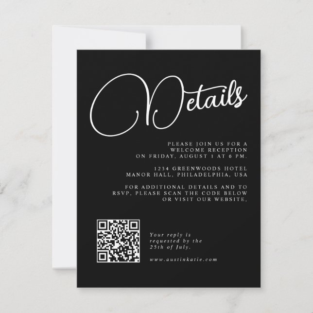 Tarjeta de Detalles de Boda y RSVP de Guión en Bla (Anverso)