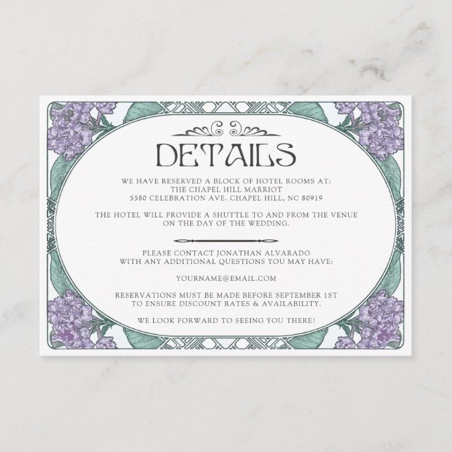 Tarjeta de detalles de Bodas de Art Nouveau de col (Anverso)