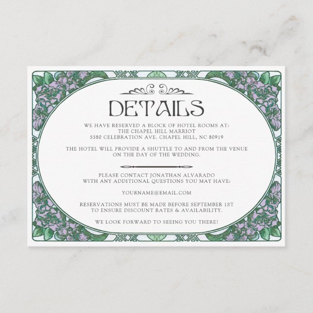 Tarjeta de detalles de Bodas de Art Nouveau de col (Anverso)