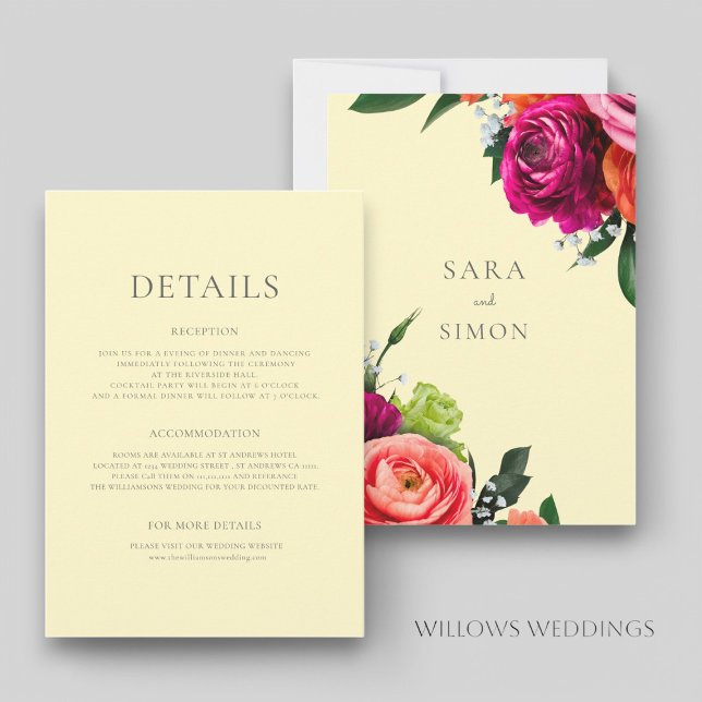 Tarjeta de detalles de bodas de color amarillo pas (beautiful pastel yellow with bold florals wedding details card)