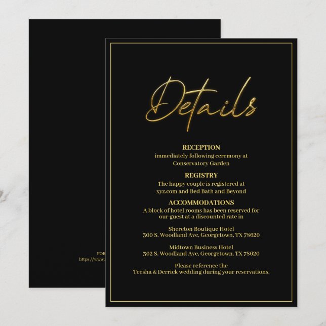 Tarjeta de detalles de Bodas modernos de color neg (Anverso / Reverso)
