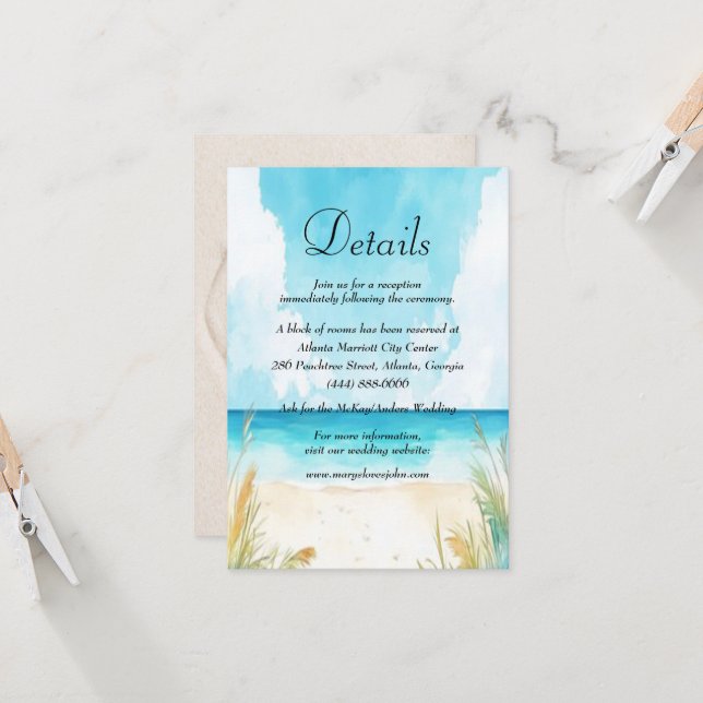 Tarjeta de detalles de casamiento Blue Ocean Beach (Anverso/Reverso In Situ)