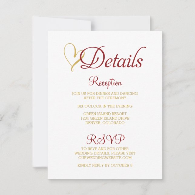 Tarjeta de detalles de Claret Gold Heart Boda (Anverso)