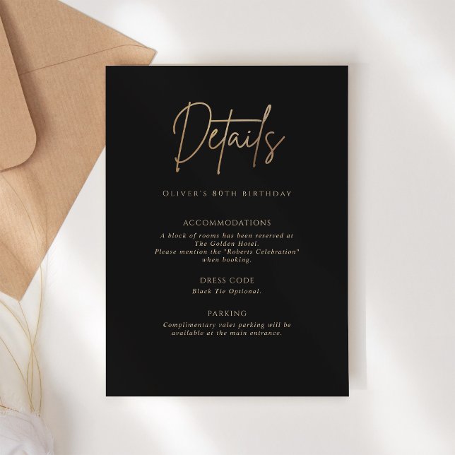 Tarjeta de Detalles de Cumpleaños 80 Elegante Negr (Elegant Black Gold 60th Birthday Details Card)