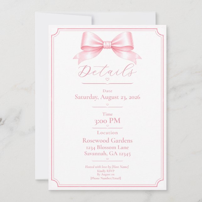 Tarjeta de detalles de despedida de soltera rosa e (Anverso)