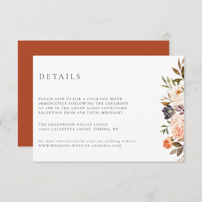 Tarjeta de detalles de Earthy Autumn Floral Boda (Anverso / Reverso)